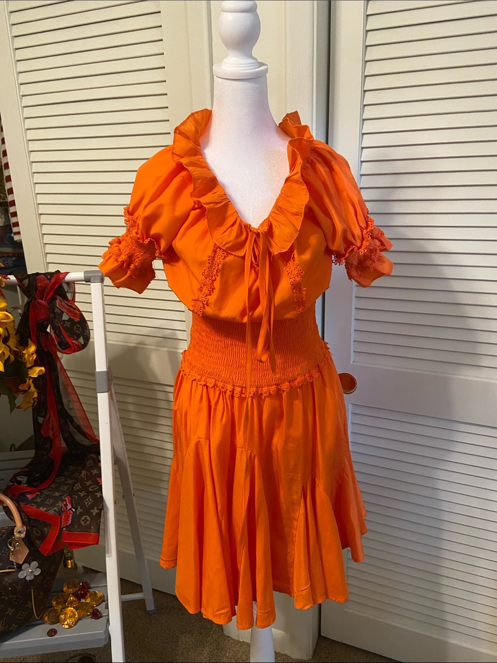 Bright Orange Ruffle Neck Midi Dress with Smocked Waist